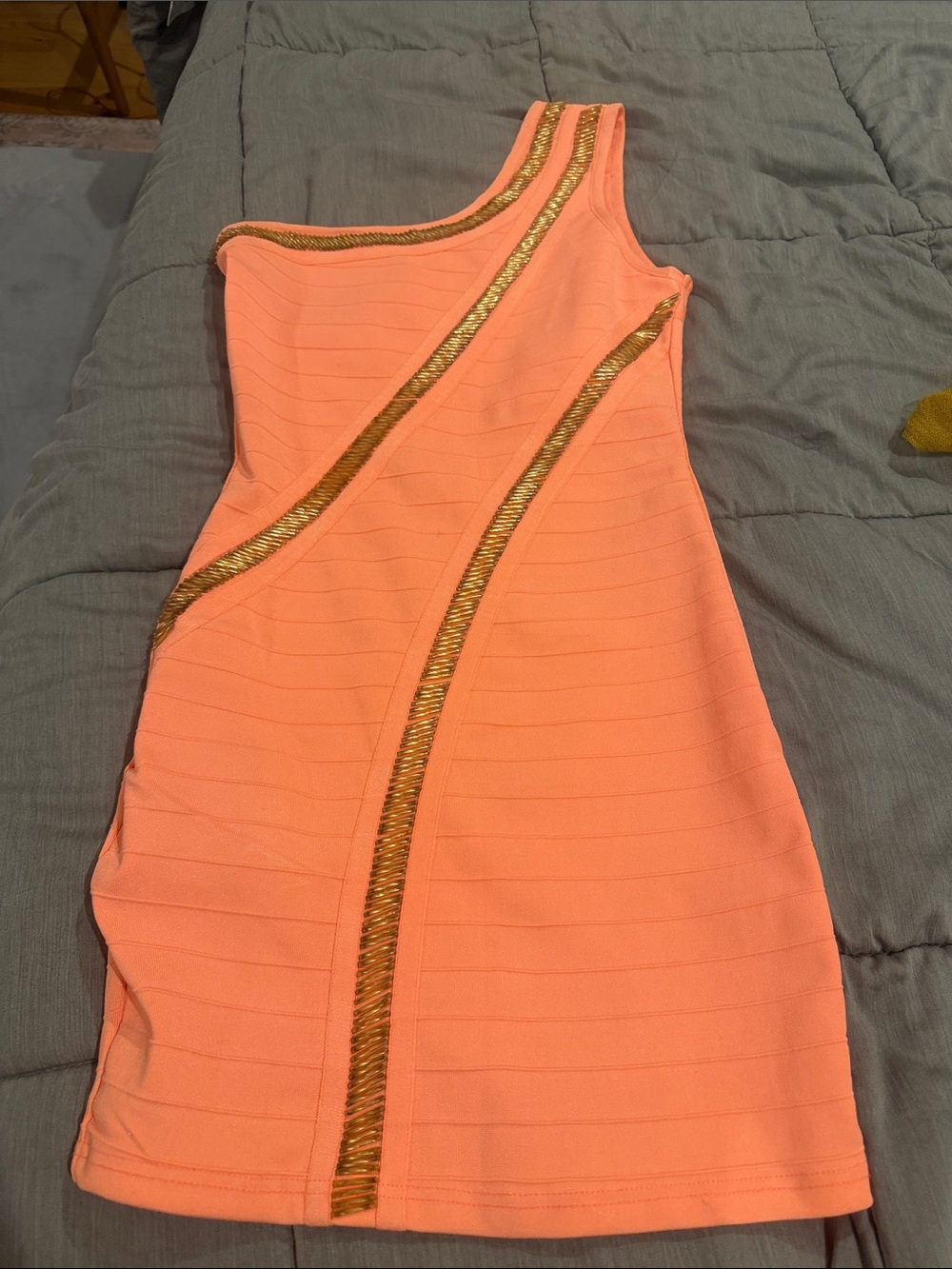 Arden B One-Shoulder Coral Dress with Gold Trim